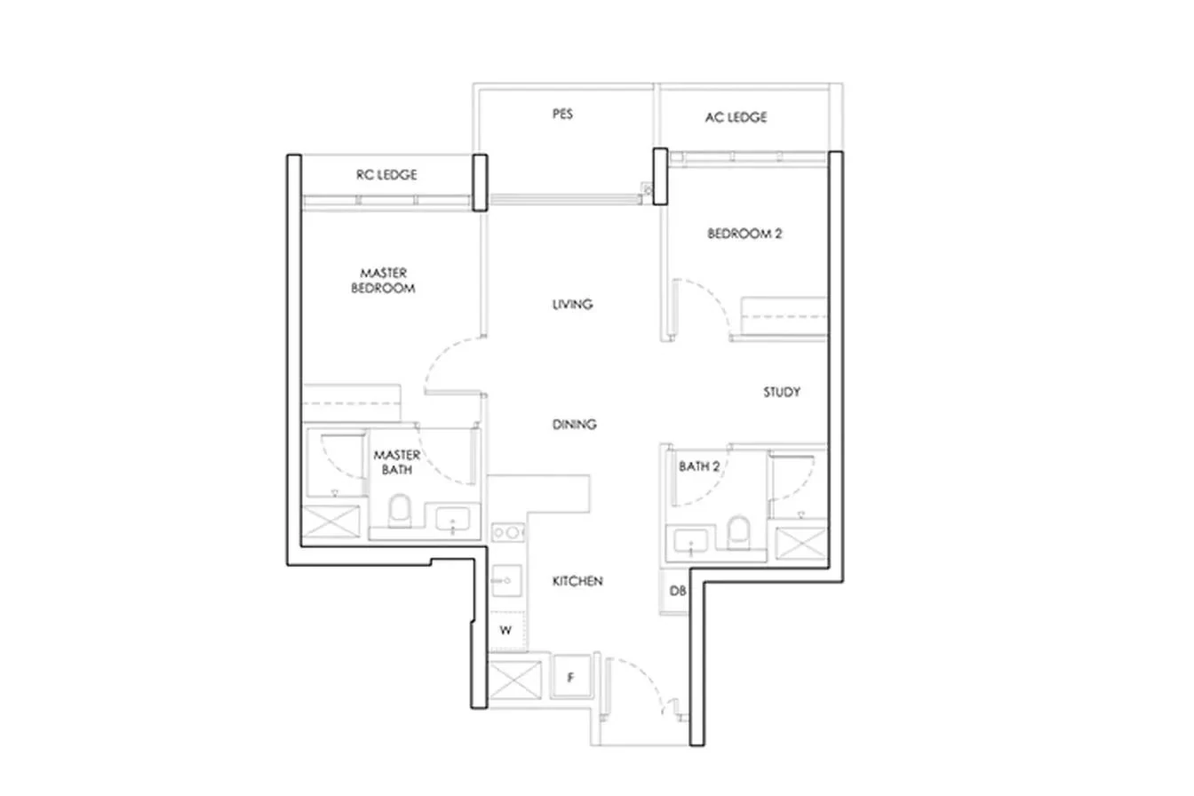 Indicative 2-bedroom plus study layout shown for reference, not the official Thomson Lane Residences floor plan