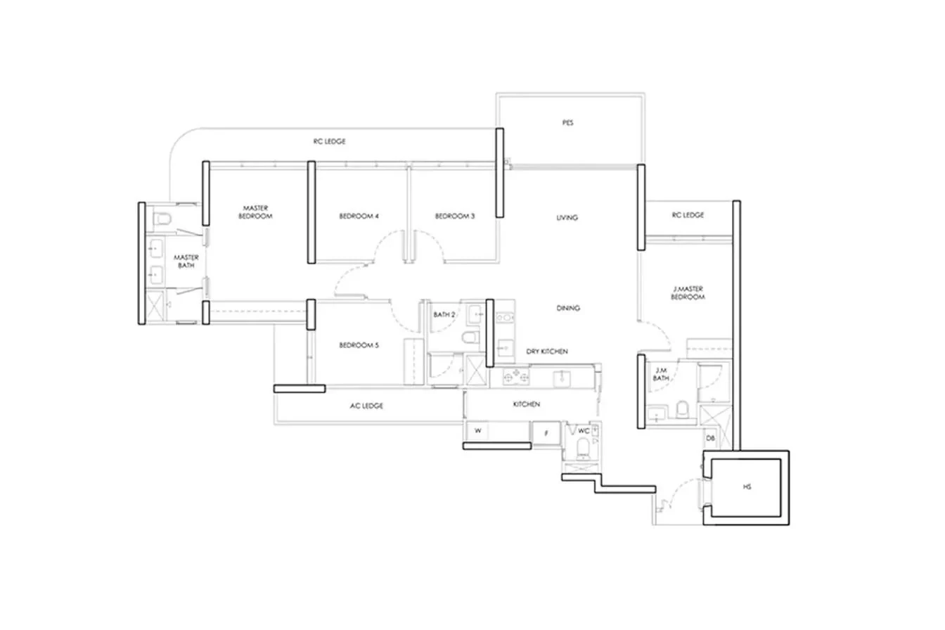 Indicative 5-bedroom layout with dry kitchen shown for reference, not the official Thomson Lane Residences floor plan