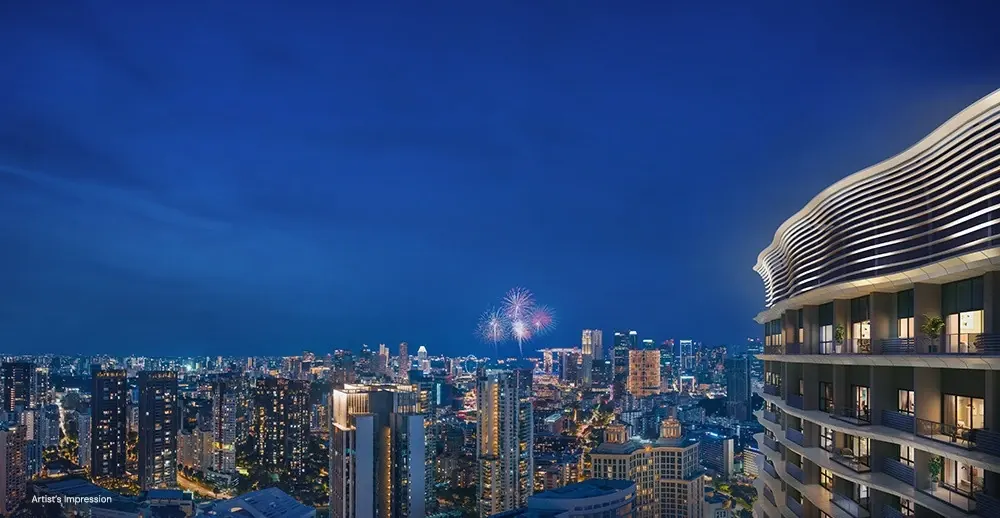 Artist's impression of a high-floor balcony view towards the Singapore city skyline from 8 Thomson Lane
