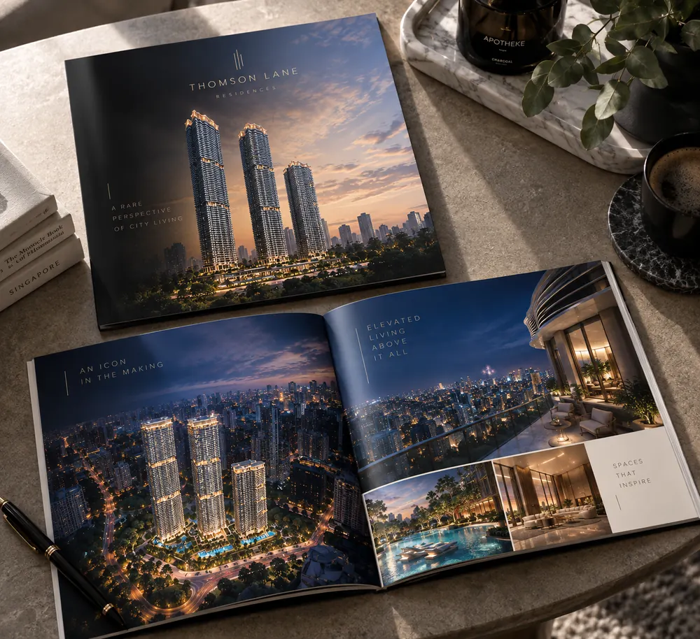 Thomson Lane Residences e-brochure preview showing the cover and an inside spread of the 8 Thomson Lane towers