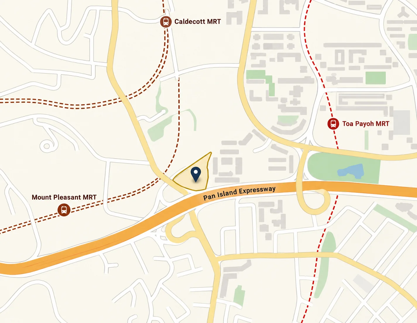 Location map of Thomson Lane Residences at 8 Thomson Lane, beside the Pan-Island Expressway, with Caldecott MRT to the north, Toa Payoh MRT to the east and Mount Pleasant MRT to the south-west