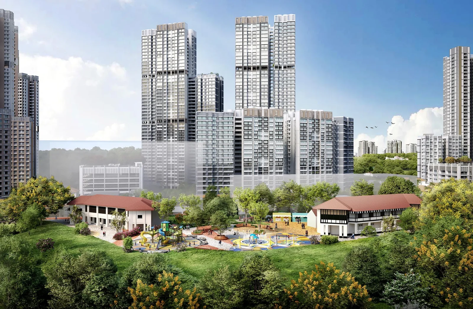 Artist's impression of the Mount Pleasant public housing estate taking shape near Thomson Lane Residences, with new tower blocks, a park and a playground