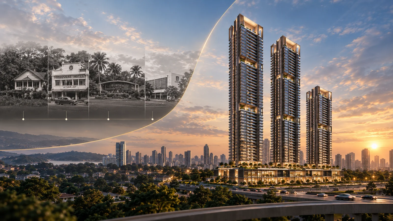 Historic photographs of the 1940s bungalow, Chequers Hotel and Europa Country Club Resort that once stood at 8 Thomson Lane, transitioning to an artist's impression of the planned Thomson Lane Residences towers
